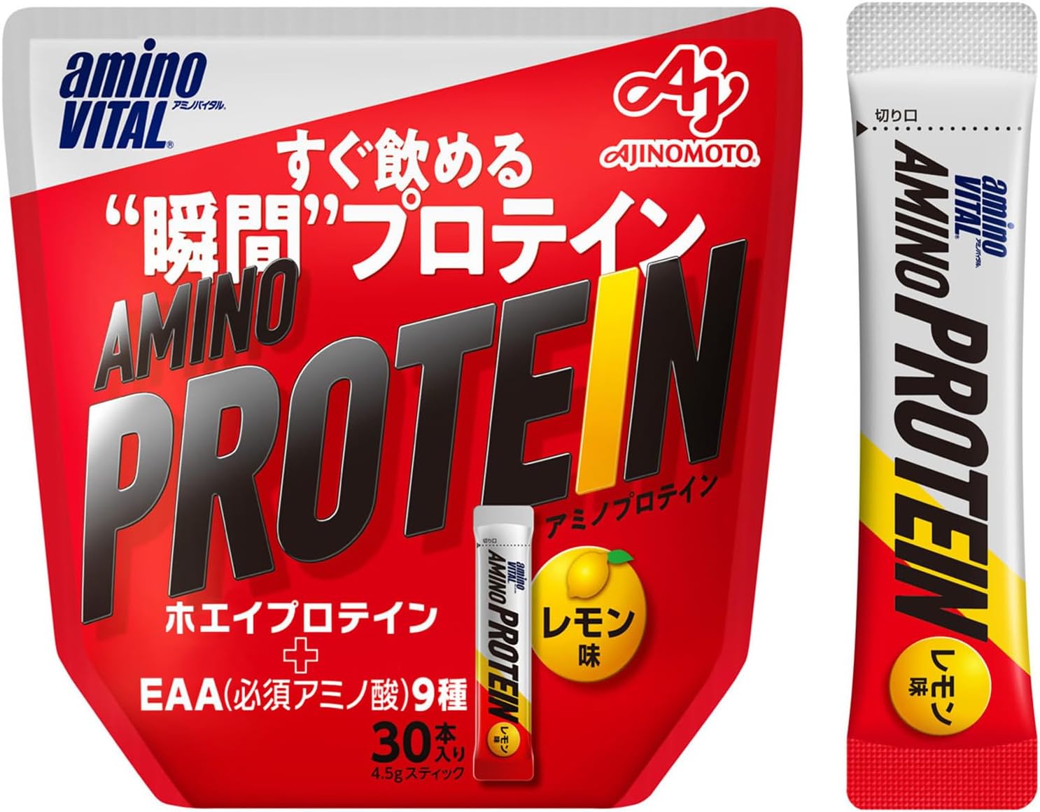 【楽天1位】 味の素 アミノバイタル アミノプロテイン レモン味 30本入パウチ アミノ酸 BCAA EAA ホエイプロテイン シェイカー不要 計量不要 携帯性　数量限定　配送種別：MR