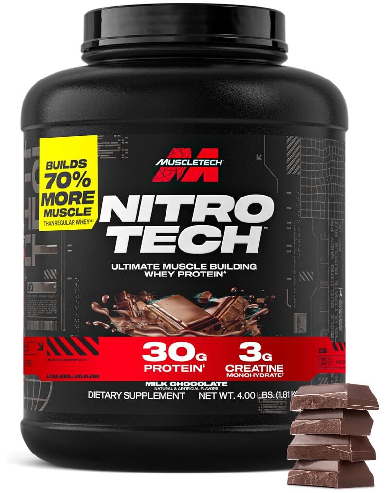 【アスリートやトレーニング愛好者に】マッスルテックニトロテック　ホエイプロテインパウダー 　強力タンパク質　ミルクチョコ味　4LB（1.81KG）　Whey Protein Powder | MuscleTech Nitro-Tech Whey Protein